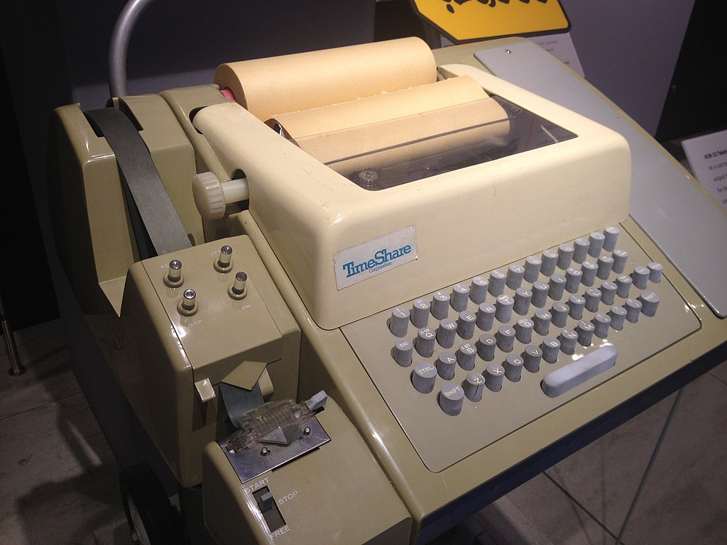 A Teletype Model 33 ASR teleprinter, with punched tape reader and punch, usable as a computer terminal. [1]