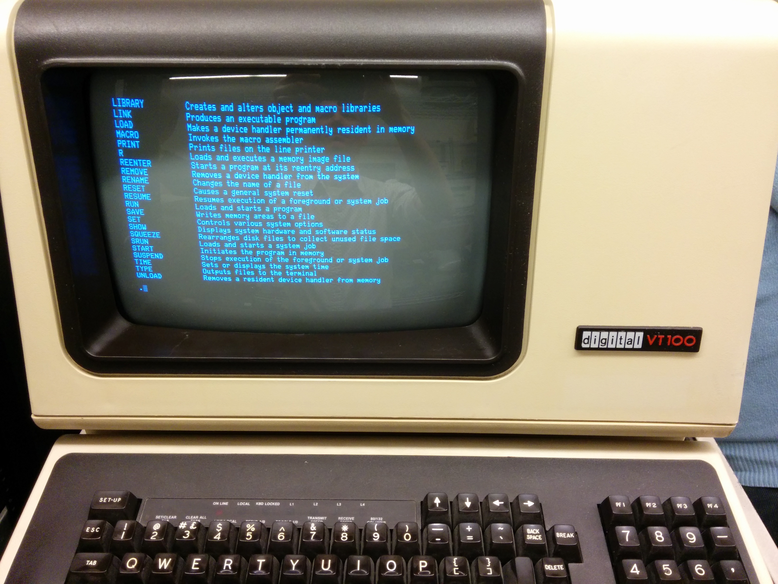 HELP command output from RT-11SJ running on a PDP-11/34 displayed on a VT100 VDU. [3]